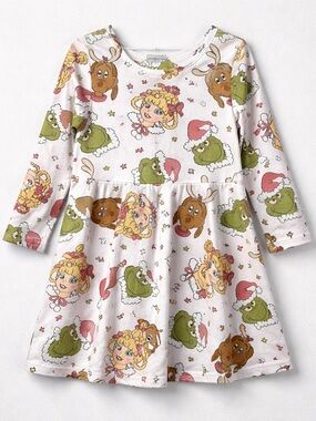 Rylee Faith pink Grinch print long sleeve twirl dress size 5